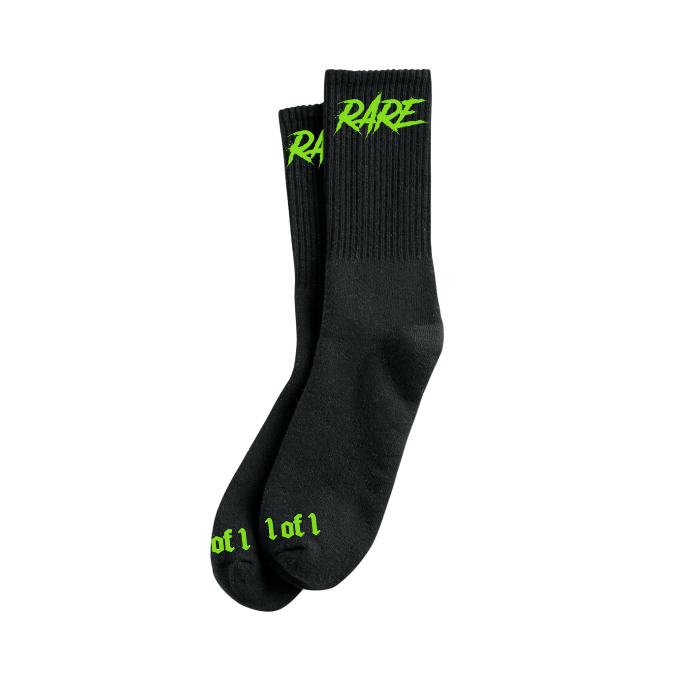 Close up  image of black socks with "Rare" and "1 of 1 " in green font