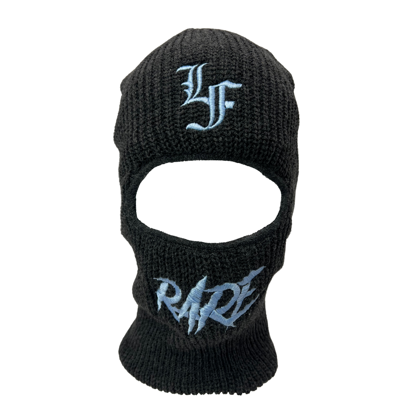 Close up  image of black ski mask with "LF" and "Rare" in baby blue font