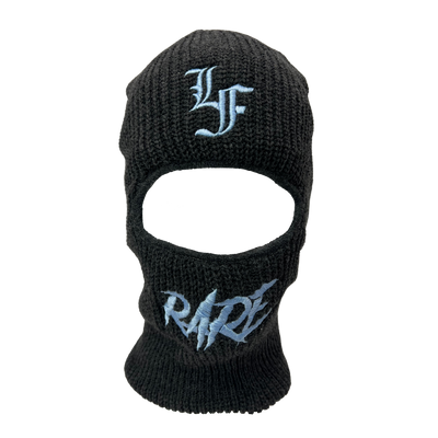 Close up  image of black ski mask with "LF" and "Rare" in baby blue font