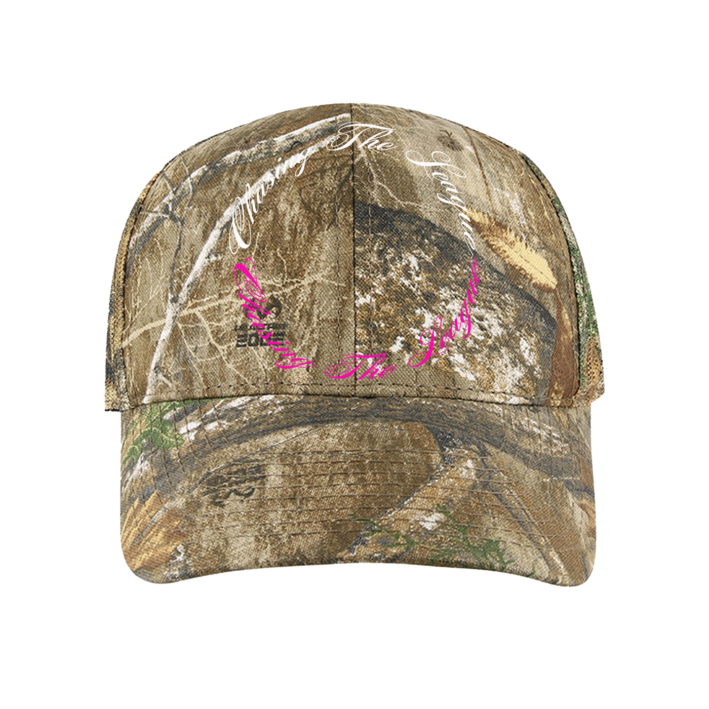 Picture of camouflaged baseball cap with 'Chasing the league" written in a circular fashion in white then again in pink