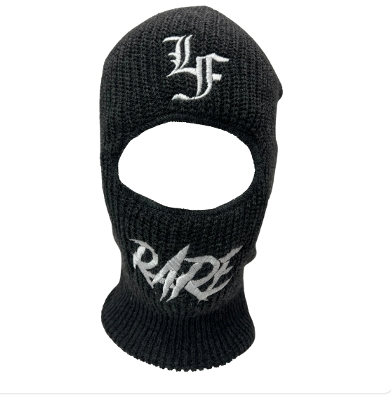 Close up  image of black ski mask with "LF" and "Rare" in white font