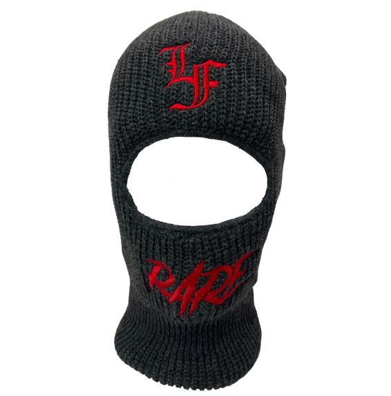 Close up  image of black ski mask with "LF" and "Rare" in red font