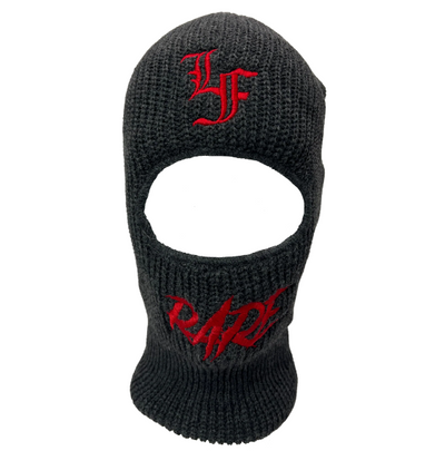 Close up  image of black ski mask with "LF" and "Rare" in red font