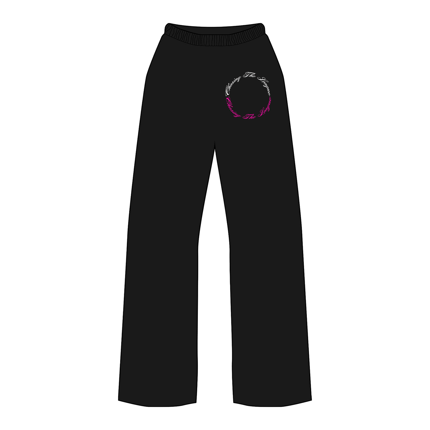 Close up picture of black sweatpants with white circular "Chasing the league" logo written in a white and pink cursive font on upper right leg of pant