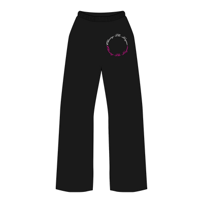 Close up picture of black sweatpants with white circular "Chasing the league" logo written in a white and pink cursive font on upper right leg of pant