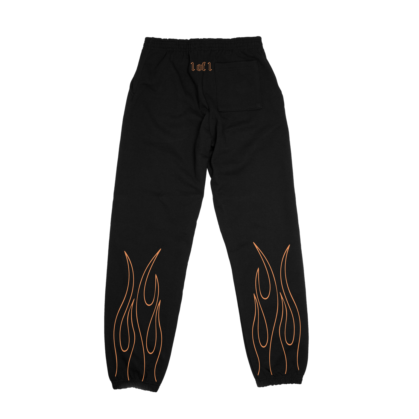 Back of black sweatpants with orange "1 of 1" tramp stamp and orange flames on bottom of both legs