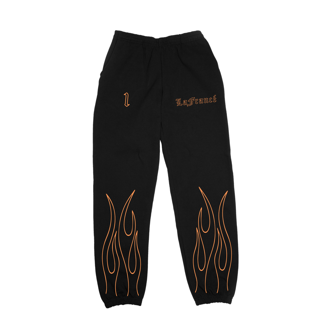 Front of black sweatpants with orange LaFrance logo and orange flames on bottom of both legs