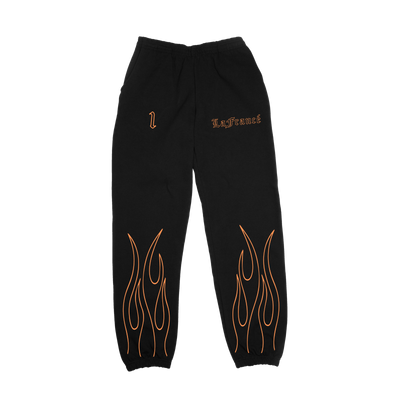 Front of black sweatpants with orange LaFrance logo and orange flames on bottom of both legs