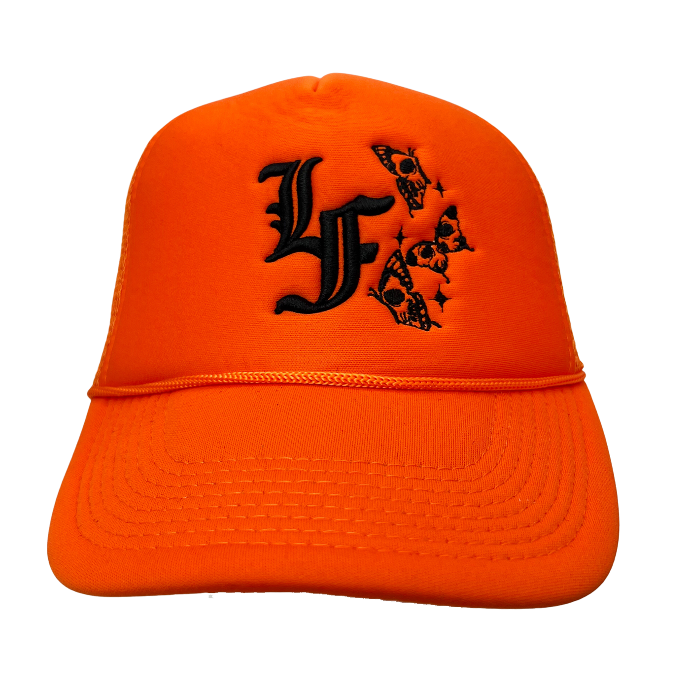 Close up image of the front of orange trucker hat with black font