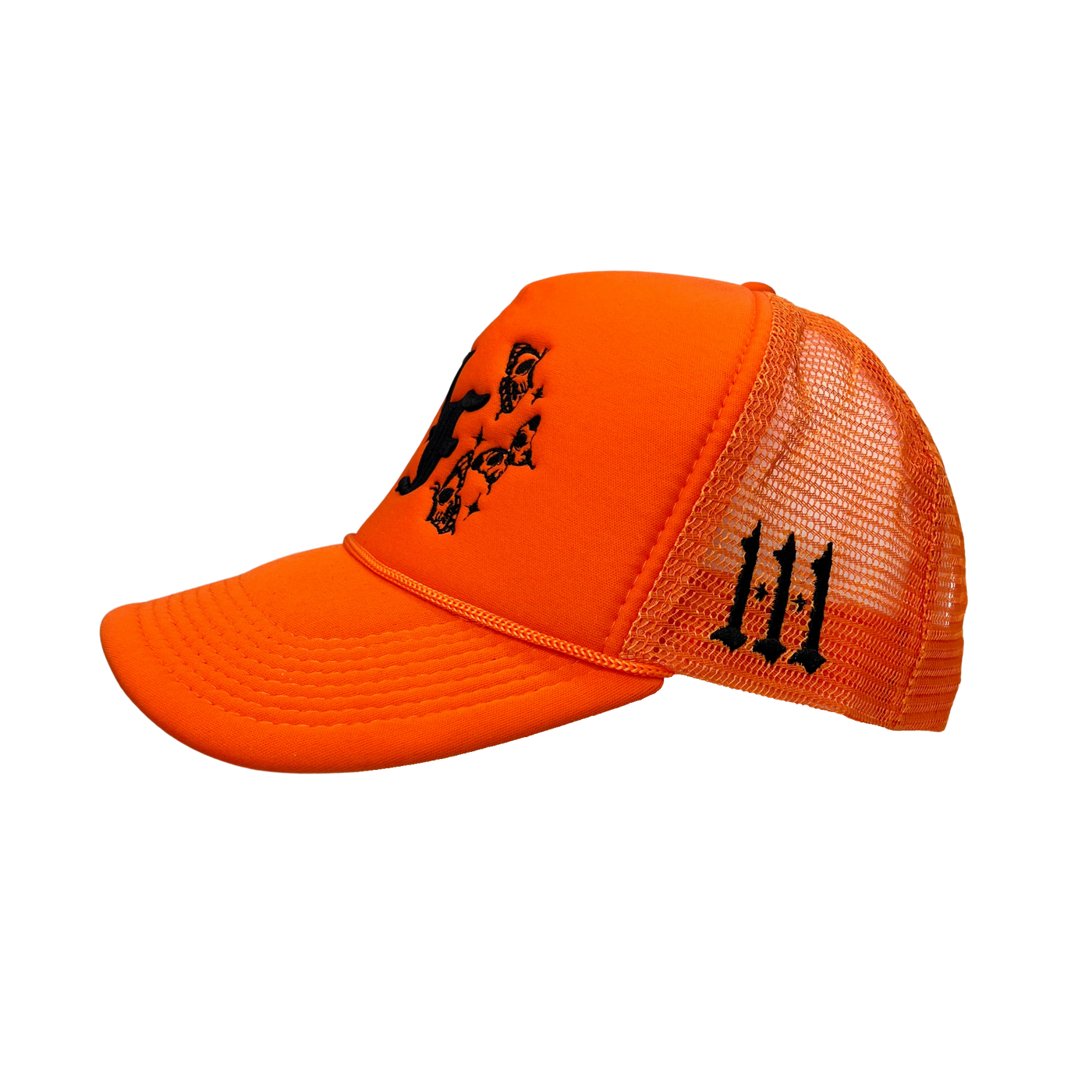 Close up image of the side of orange trucker hat with black font