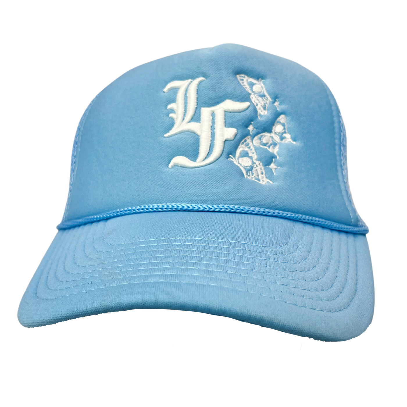 Close up image of front of blue trucker hat with white font