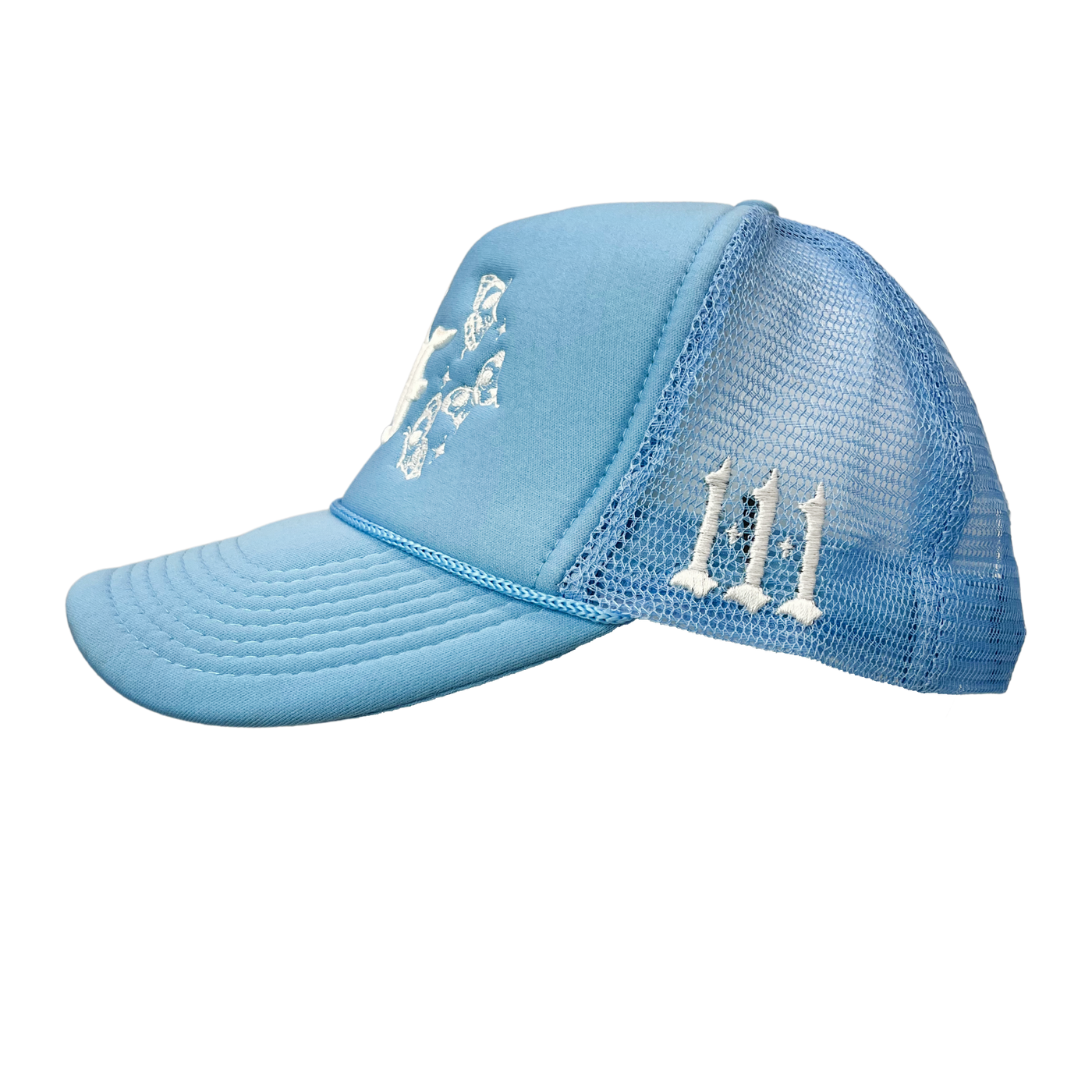 Close up image of side of blue trucker hat with white font