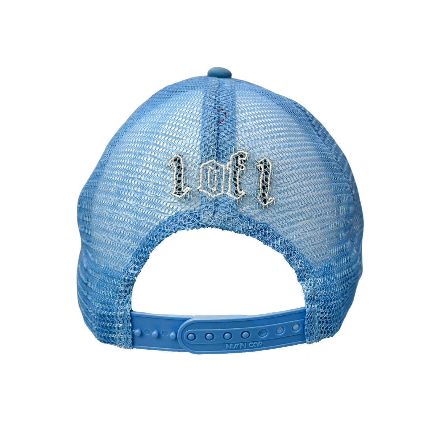 Close up image of the back of blue trucker hat with white font