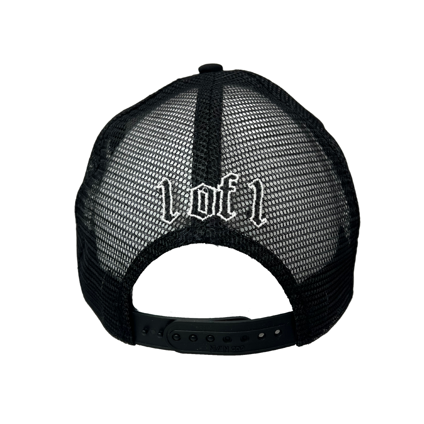 Close up image of the back of black trucker hat with white font