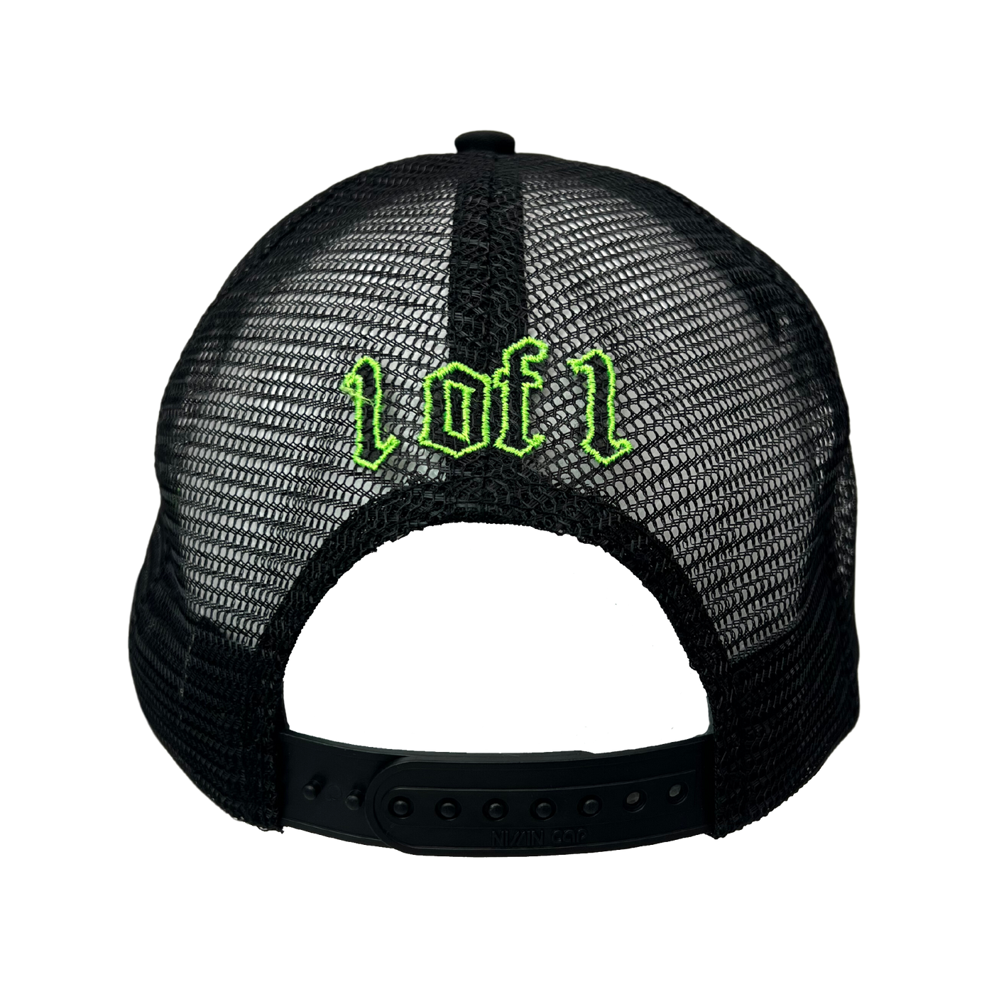 Close up image of the back of black trucker hat with green font