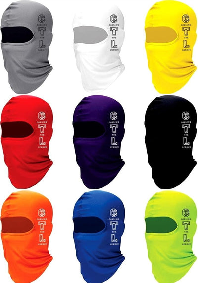 Close up image of 9 ski masks in the respective colors, grey, white, yellow, red, purple, black, orange, blue, neon yellow