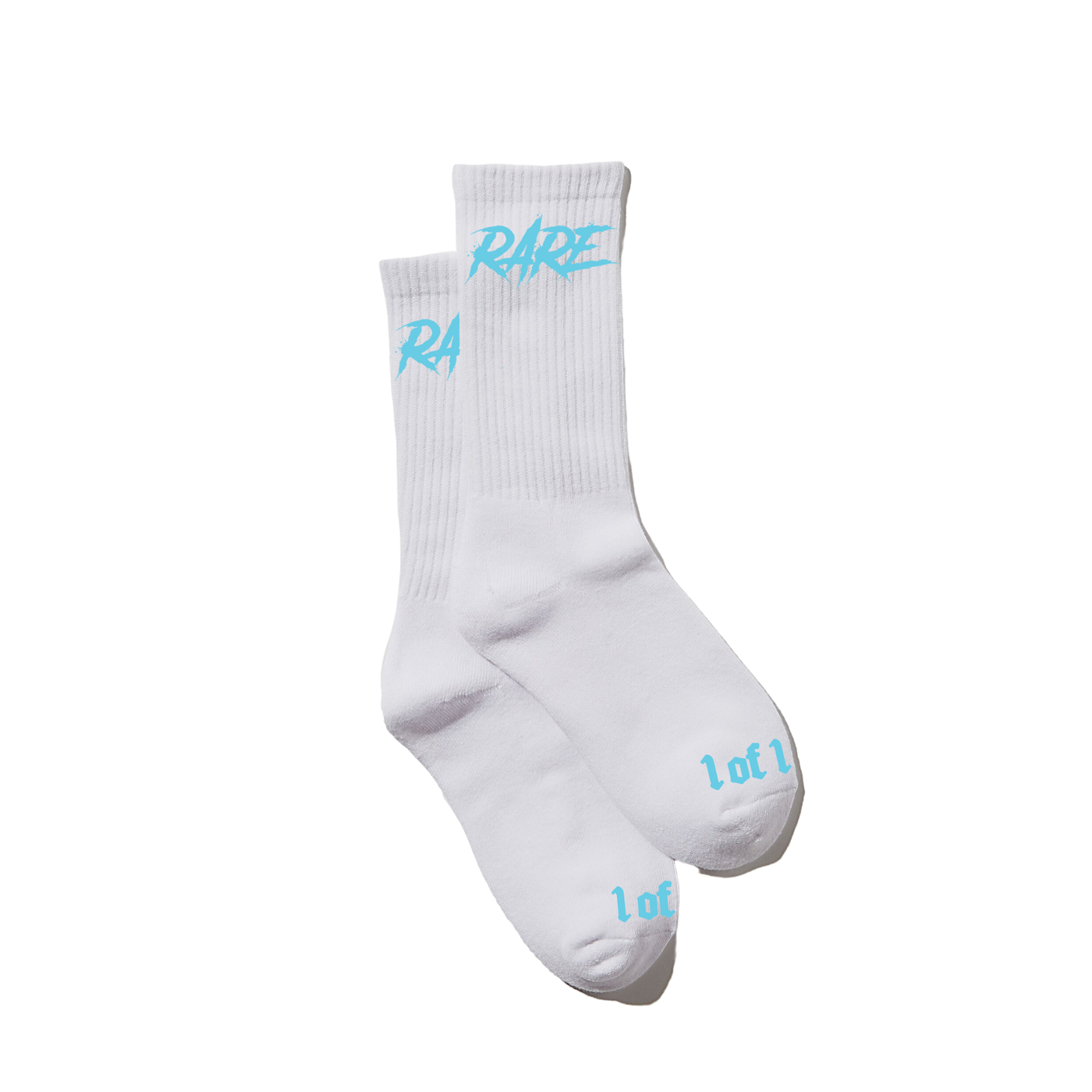 Close up  image of white socks with "Rare" and "1 of 1" in blue font