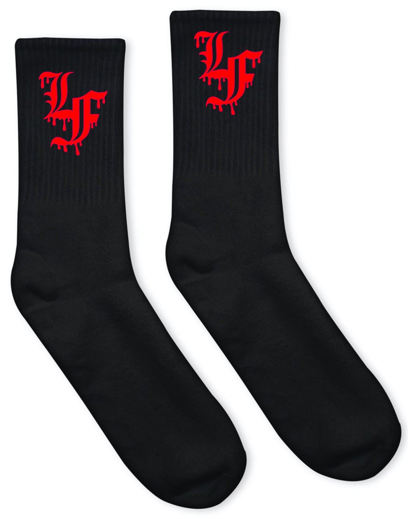 Close up  image of black socks with LF in red Old English font