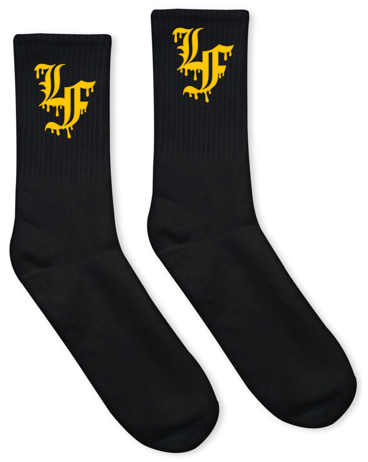 Close up  image of black socks with "LF" in yellow Old English font